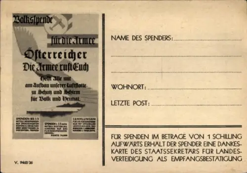 Ak Österreicher, Die Armee ruft Euch, Volksspende, Fliegerspende, Bundesmin. f. Landesverteidigung