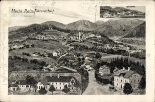 Ak Maria Rain in Kärnten, Dorfpanorama mit Kirche, verstreute Häuser, Straßen, Gasthaus mit Kutsc