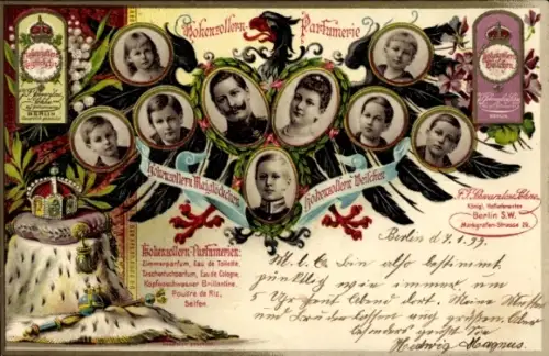 Litho Kaiserhaus unter Wilhelm II., Hohenzollern Parfumerie, Berlin Markgrafenstraße 29
