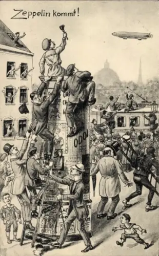 Ak Zeppelin kommt, Zuschauer, Litfaßsäule