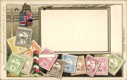Briefmarken Ak Ungarn, Magyar Posta, Filler, Wappen, Ottmar Zieher München