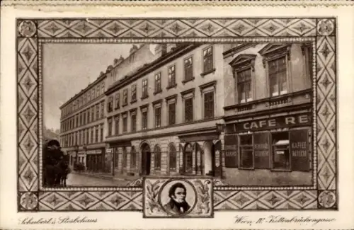 Ak Wien 1 Innere Stadt, Straße mit Läden, Café-Schriftzug 'CAFE RE', Schaufenster 'KAFFEE', Portr