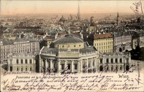 Ak Wien 1 Innere Stadt, Theatergebäude mit Kuppel und Säulen, Stadtsilhouette im Hintergrund, Han