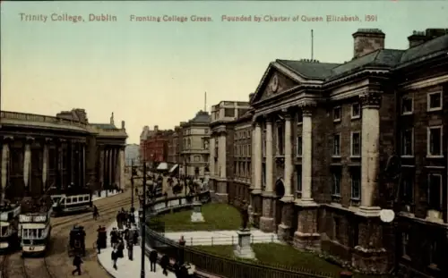 Ak Dublin Irland, Straßenszene mit Straßenbahn, Fußgängern, eingezäunter Rasen, Statuen, Text mit