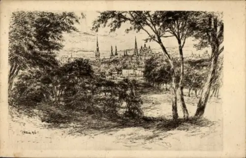 Ak Olomouc Olmütz Stadt, Mehrere Kirchtürme, Bäume im Vordergrund, Wiesenfläche, skizzierte Feder