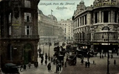 Ak Aldwych London, Schriftzug 'THE MORNING POST', Schriftzug 'GAIETY THEATRE', Straßenbahnen/Omni