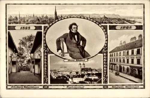 Ak Wien, Schubert-Zentenarfeier 1828-1928, Schuberts Geburtshaus, Schuberts Sterbehaus