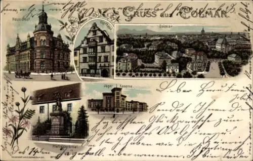 Litho Colmar Kolmar Elsass Haut Rhin, Jägerkaserne, Kopfhaus, neue Post, Pfeffeldenkmal, Totale