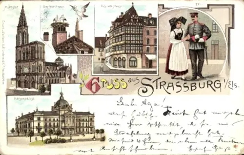 Litho Straßburg Elsass Bas Rhin, Münster, Altes Haus, Elsässer Tracht