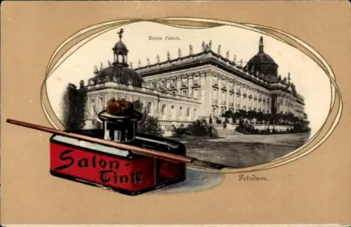 Präge Passepartout Ak Potsdam, Neues Palais, Tintenfass Salon-Tinte, Schreibfeder
