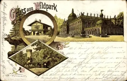 Litho Wildpark Potsdam, Haupteingang, Bayrisches Haus, Neues Palais