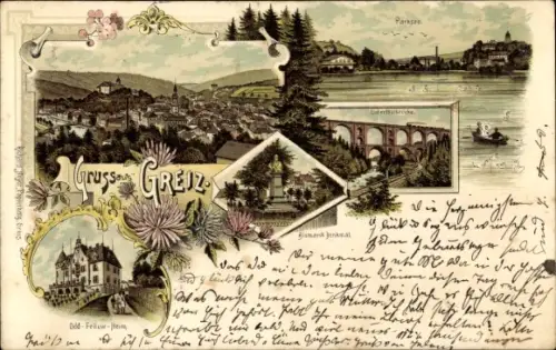 Litho Greiz im Vogtland, Parksee, Odd Fellow Heim, Bismarck Denkmal, Blick auf den Ort