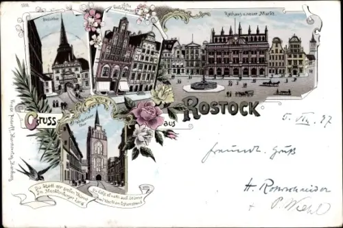 Litho Hansestadt Rostock, Kröpeliner Tor, Rathaus, Neuer Markt, Alte Giebelhäuser
