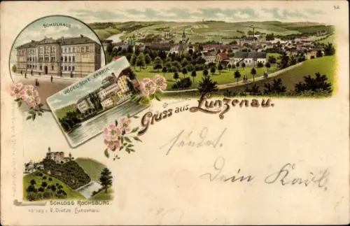 Litho Lunzenau in Sachsen, Gesamtansicht, Schule, Vogel'sche Fabrik, Schloss Rochsburg