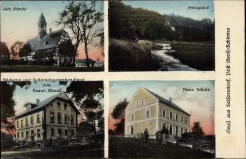 Ak Seifersdorf Großschirma in Sachsen, Alte Schule, Bäckerei und Kolonialwarenhandlung Bruno Strauß