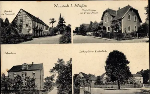 Ak Naustadt Scharfenberg Klipphausen in Sachsen, Gasthof, Geschäftshaus, Lehrerhaus, Lutherlinde