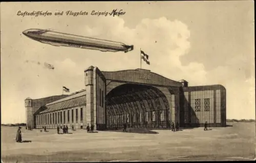 Künstler Ak Leipzig in Sachsen, Luftschiffhafen, Flugplatz, Zeppelin