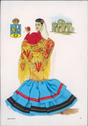 Material Künstler Ak Madrid, Frau in Tracht, Wappen