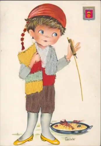 Seidenstick Ak Valencia, Junge in Volkstracht, Wappen