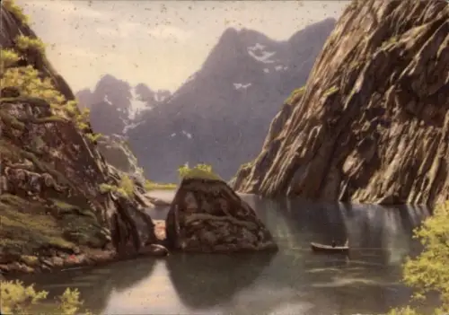 Ak Norwegen, Trollfjord, Landschaftsmotiv, Felsen, Boot