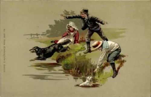 Litho Kinder mit Hunden am Ufer spielend