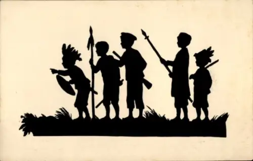 Scherenschnitt Ak Anna Schirmer, Auf dem Kriegspfade, Kinder als Indianer