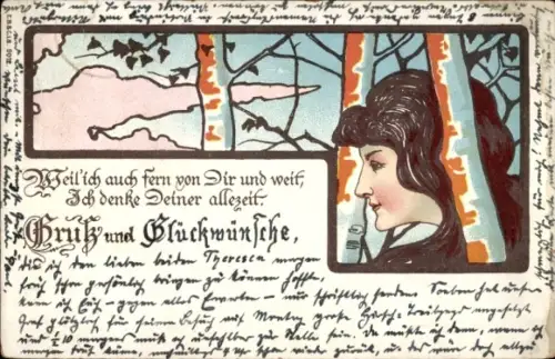 Jugendstil Ak Weil ich auch fern von Dir und weit, Ich denke Deiner allezeit, Frauenbildnis