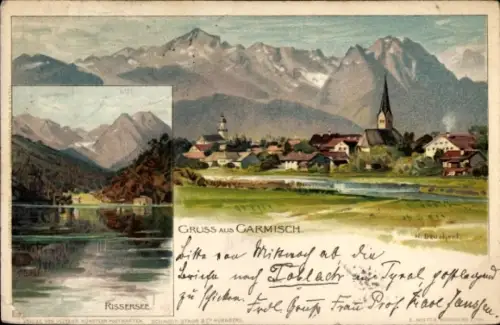 Künstler Litho Deuchert, H., Garmisch Partenkirchen in Oberbayern, Gesamtansicht, Rissersee