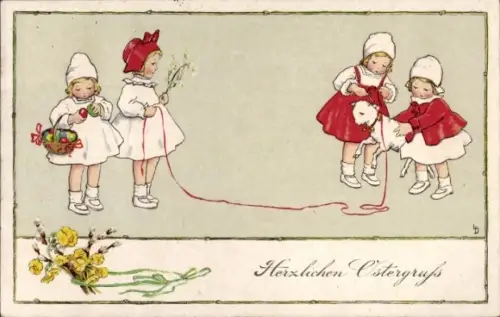 Künstler Ak Lia Döring, Frohe Ostern, kleine Mädchen mit Lamm, Meissner & Buch