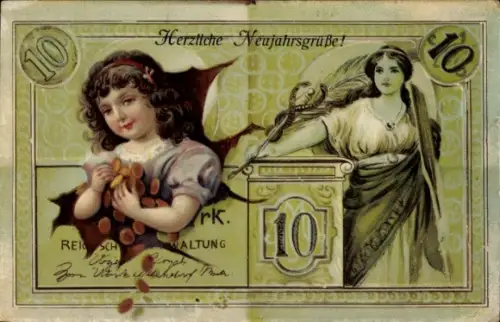 Ak Fröhliches Neujahr, Geldschein, Kind mit Münzen