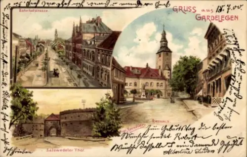 Künstler Litho Spindler, Erwin, Gardelegen in der Altmark, Bahnhofstraße, Salzwedeler Tor, Rathaus