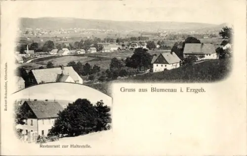 Ak Blumenau Olbernhau im Erzgebirge Sachsen,  Restaurant zur Haltestelle, Robert Schneider Olbern