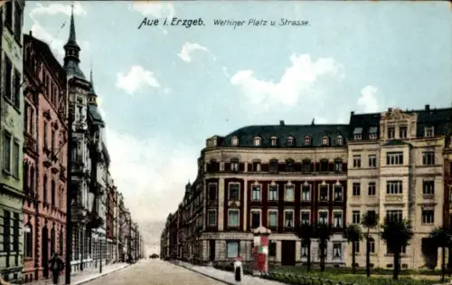 Ak Aue im Erzgebirge Sachsen, Wettiner Platz und Straße, Häuser, Zieher