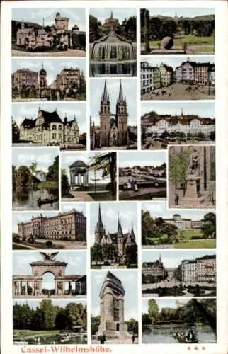 Ak Bad Wilhelmshöhe Kassel in Hessen, Teilansichten, Denkmal, Fontäne