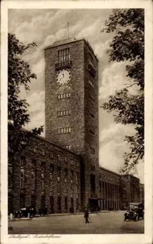 Ak Stuttgart in Württemberg, Stuttgart Hauptbahnhof, Bahnhofsturm mit Uhr, Bahnhofsfassade