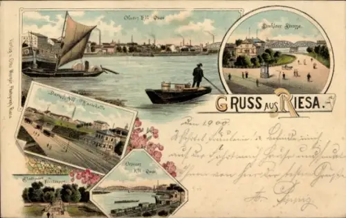 Litho Riesa an der Elbe Sachsen, Oberes Elbquai, Strehlaer Straße, Dampfschiff Wartehalle, Stadtpark