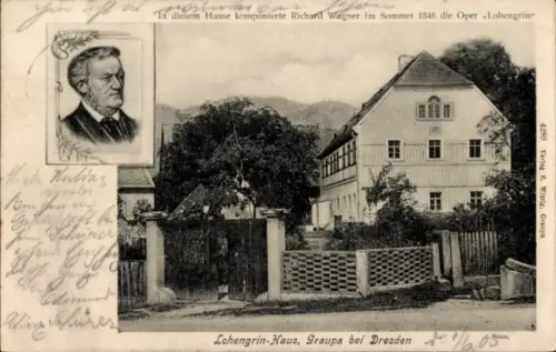 Ak Graupa Pirna in Sachsen, Lohengrinhaus, Komponist Richard Wagner