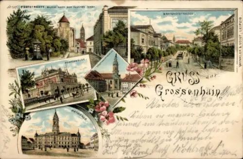 Litho Großenhain in Sachsen, Poststraße, Rathaus, Postgebäude, Bahnhofstraße, Stadthauptkirche