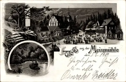 Mondschein Litho Dresden Pillnitz, Gasthaus Meixmühle mit Gästen
