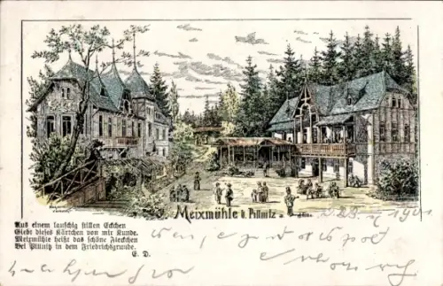 Litho Dresden Pillnitz, die Meixmühle im Wald gelegen