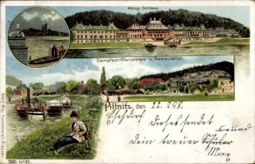 Litho Dresden Pillnitz, Königl. Schloss, Dampfschifflandeplatz