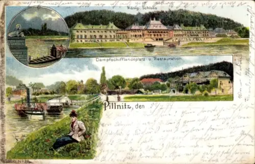 Litho Dresden Pillnitz, Königl. Schloss, Dampfschifflandeplatz