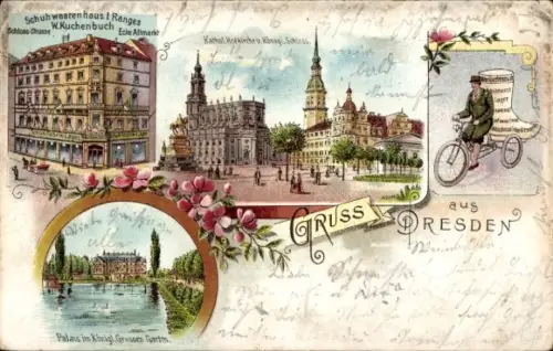 Litho Dresden Altstadt, Schuhwarenhaus W. Kuchenbuch, Schloss, Altmarkt, Hofkirche