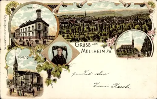 Litho Müllheim in Baden Markgräflerland, Gesamtansicht, Rathaus, Kirche, Frau in Tracht