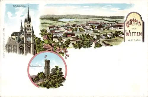 Litho Witten an der Ruhr, Gesamtansicht, Katholische Kirche, Helenen Turm