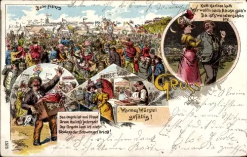 Litho Hannover in Niedersachsen, Beim Festzug, Drehorgel, Warmes Würstel