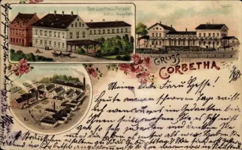 Litho Corbetha Korbetha Schkopau im Saalekreis, Gasthaus, Bahnhof, Chemische Fabrik
