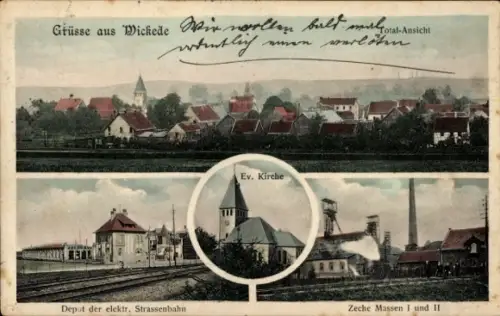 Ak Wickede Dortmund im Ruhrgebiet, Gesamtansicht, Zeche Massen I und II, Kirche, Straßenbahn-Depot