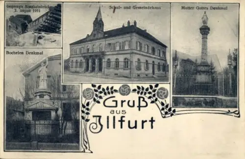 Ak Illfurth Illfurt Elsass Haut Rhin, Gesprengte Eisenbahnbrücke, Schul- und Gemeindehaus, Bochel