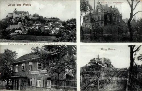 Ak Ranis in Thüringen, Städtisches Krankenhaus, Gruß aus  Restauration Wilhelmshain, Burg Ranis